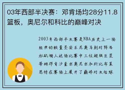 03年西部半决赛：邓肯场均28分11.8篮板，奥尼尔和科比的巅峰对决