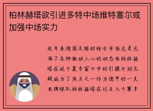 柏林赫塔欲引进多特中场维特塞尔或加强中场实力