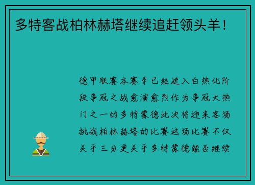 多特客战柏林赫塔继续追赶领头羊！