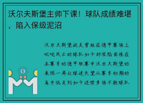 沃尔夫斯堡主帅下课！球队成绩难堪，陷入保级泥沼