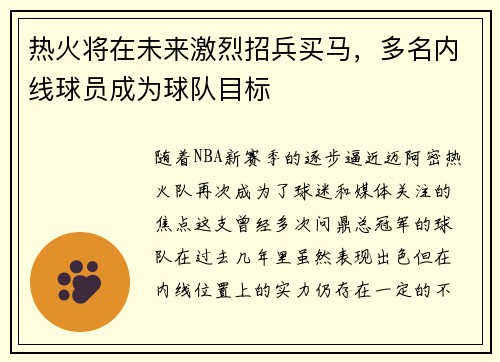 热火将在未来激烈招兵买马，多名内线球员成为球队目标