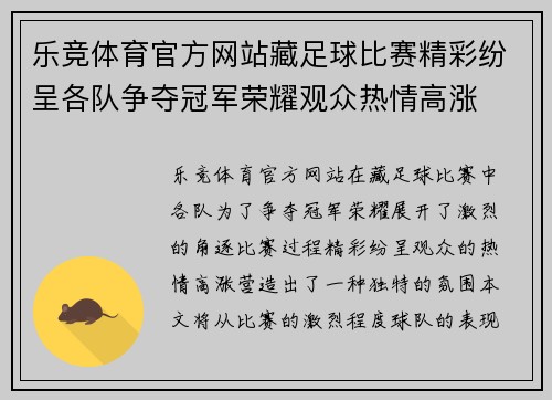 乐竞体育官方网站藏足球比赛精彩纷呈各队争夺冠军荣耀观众热情高涨