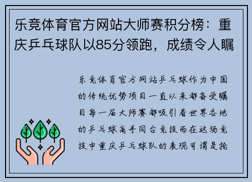 乐竞体育官方网站大师赛积分榜：重庆乒乓球队以85分领跑，成绩令人瞩目！